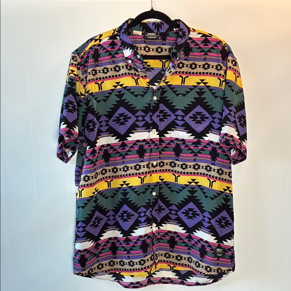 Wesc Vintage Multicolor Geometric Men's Button Down Short Sleeve Shirt - Aztec